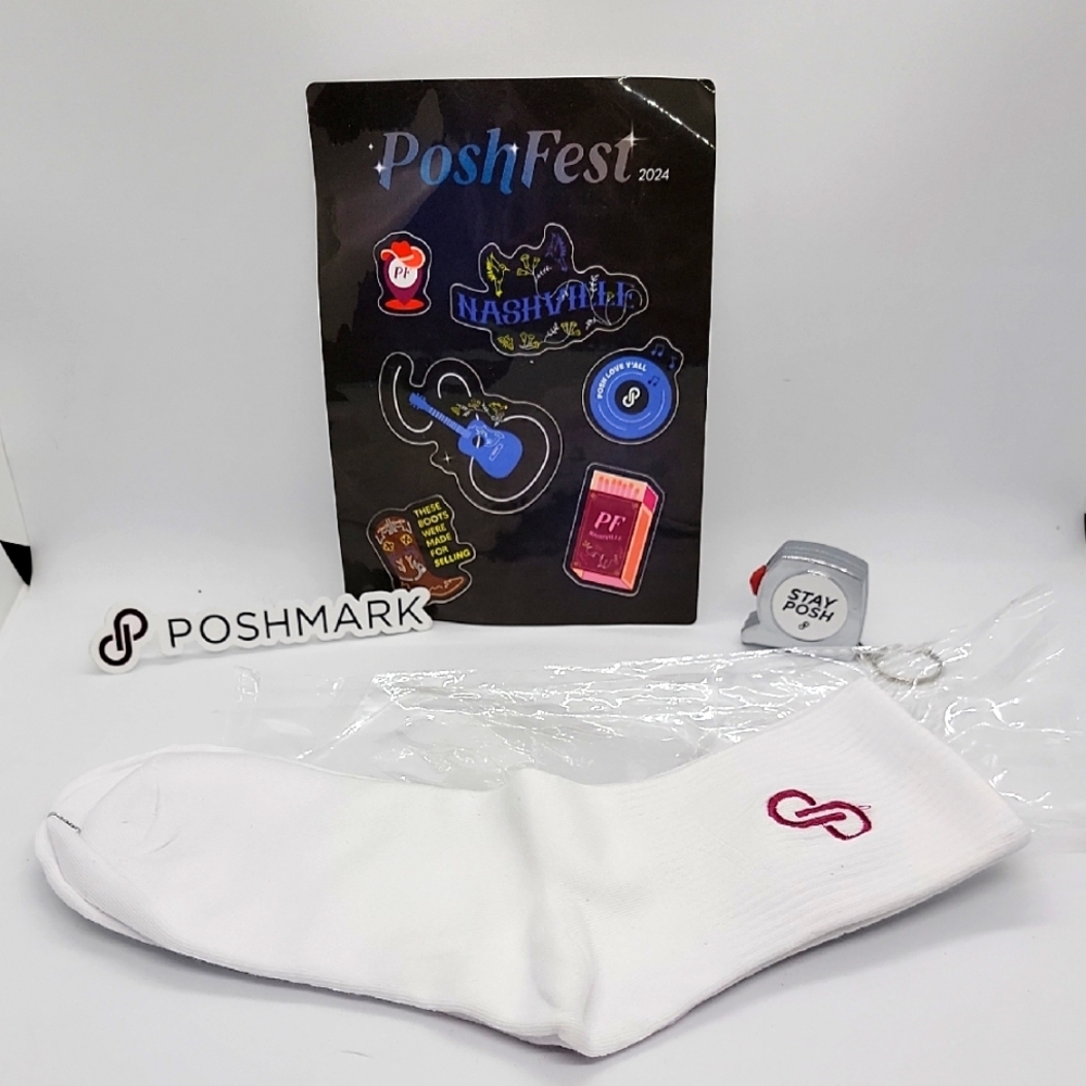 Poshmark Poshfest 2024 Nashville Swag stickers White crew sock tape measure